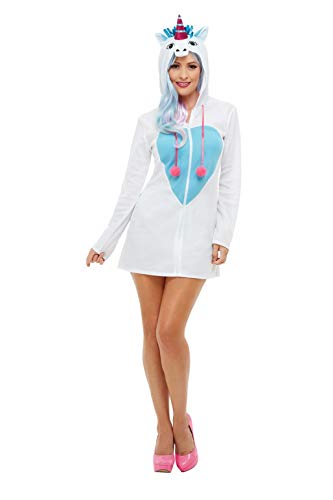 "Woman wearing a white unicorn costume with blue heart and pink shoes."