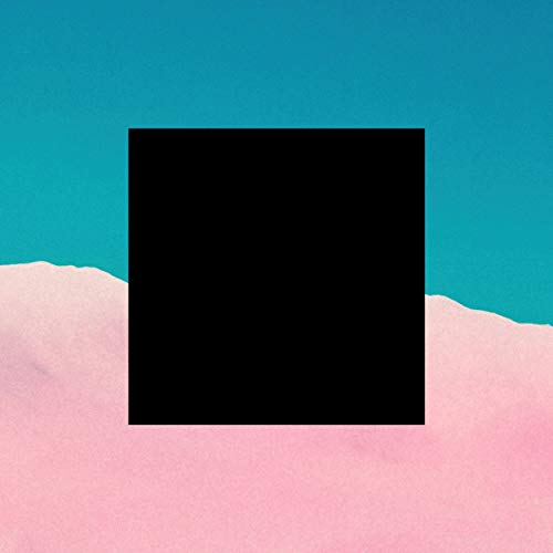 Album cover: black square on pink and blue textured background.