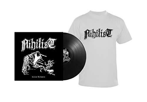 Vinyl record and white t-shirt with "Nihilist" text and dark artwork.