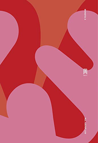 Monsta X "All About Luv" CD cover with abstract red and pink shapes.
