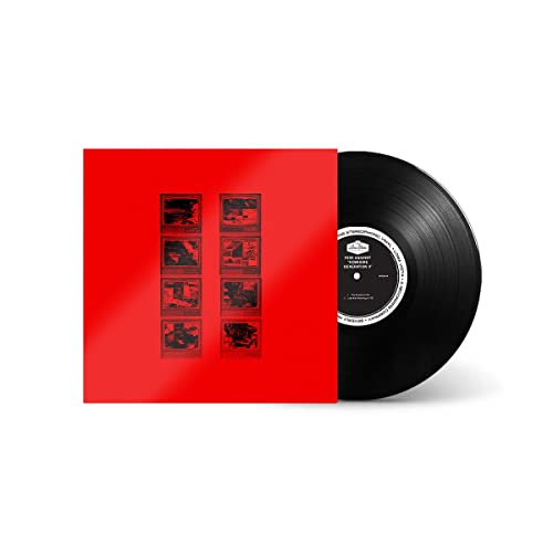 Red album cover with black vinyl record, featuring grid of images.