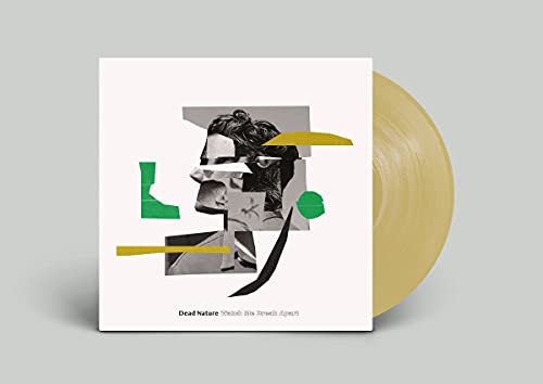 CD cover with fragmented portrait and abstract shapes, alongside a yellow vinyl record.