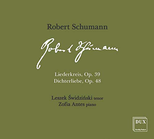 Green CD cover with white and black text, featuring Robert Schumann's signature.