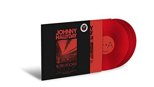"Red vinyl record with black sleeve featuring Johnny Hallyday's 'Born Rocker Tour' album cover."