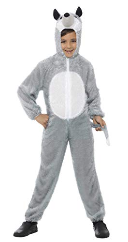 A person wearing a grey wolf onesie costume with a hood and black shoes.