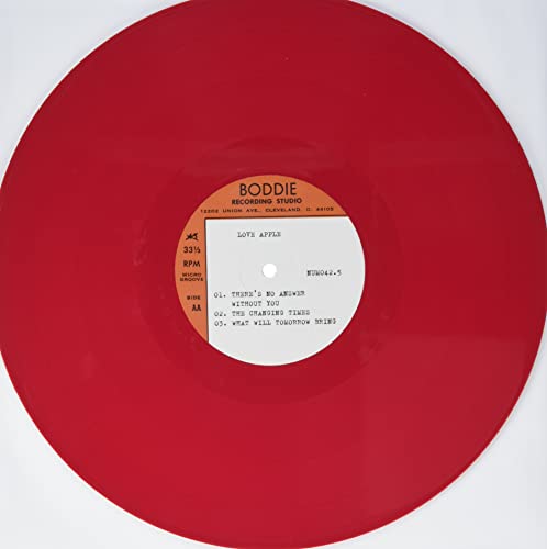 Red vinyl record with white label displaying song titles and artist "Boddie".