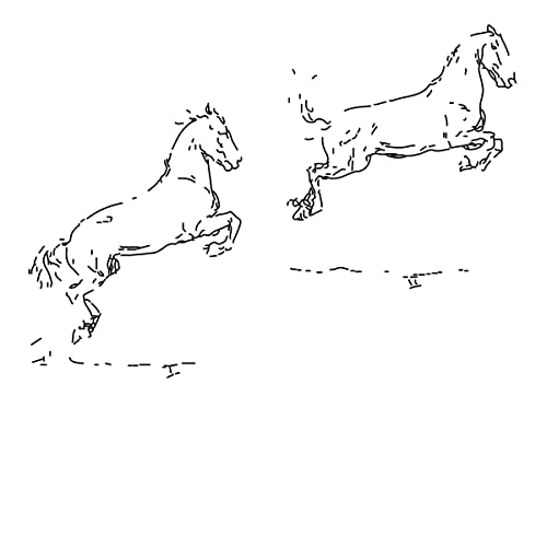 Black and white sketch of two horses mid-jump on vinyl record cover.