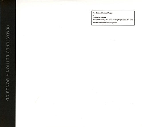 White album cover with black text for Throbbing Gristle’s “Second Annual Report.”
