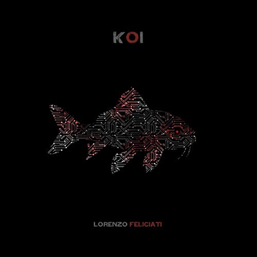 Black album cover featuring a digital, red and white koi fish design.