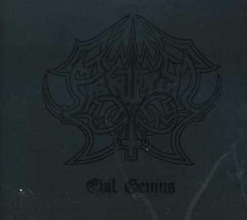 Black album cover with white abstract, symmetrical design and text "Abruptum - Evil Genius".