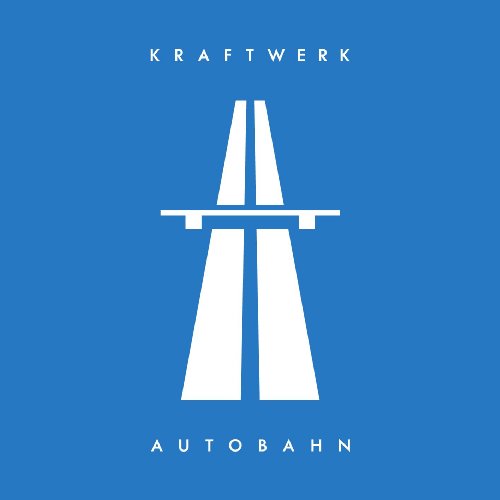 "Kraftwerk Autobahn vinyl album cover with white highway graphic on blue background."