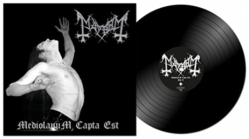 Mayhem vinyl record: album cover with figure, and black vinyl disc.