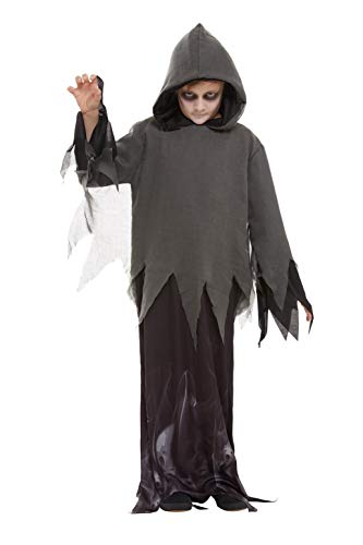 A child in a black hooded costume with tattered edges and dark face paint.