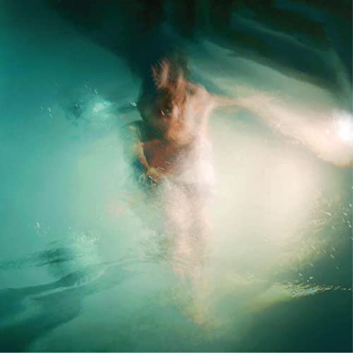 Blurry underwater portrait of a person with a dog, teal tones.