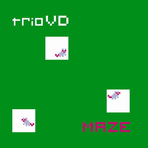 "Green background with 'trioVD' and 'MAZE' text, three pixelated white squares with red shapes."