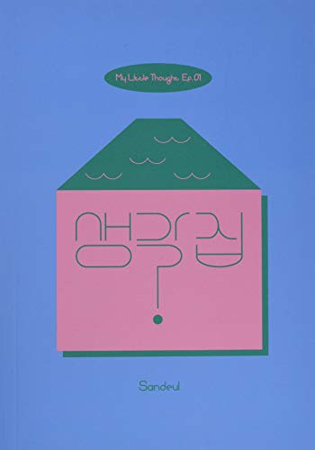 Album cover with a pink and green house illustration on a blue background.