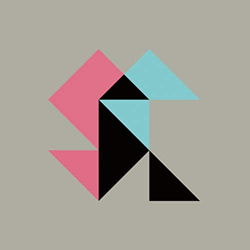 Abstract geometric design with pink, teal, and black triangles on gray.