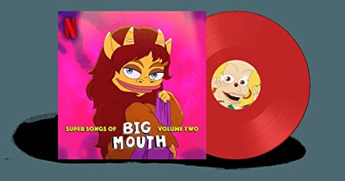 Red vinyl record with “Big Mouth” cartoon character album cover.