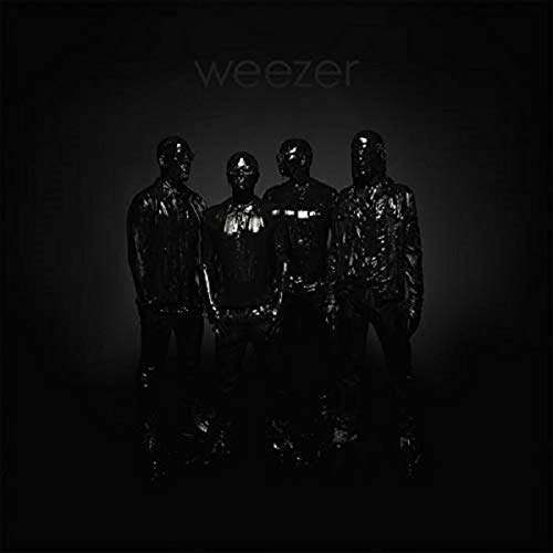 "Album cover featuring four shiny, black-clad men against a dark background, with 'weezer' text."