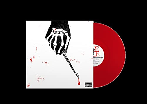Red vinyl record with white cover featuring a skeletal hand and blood splatters.