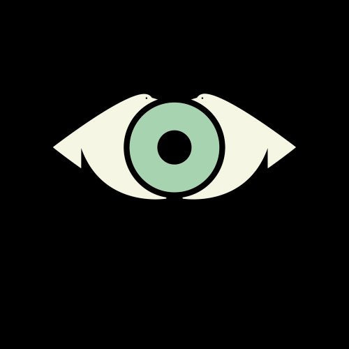 Stylized green and cream eye image with birds forming the brows.