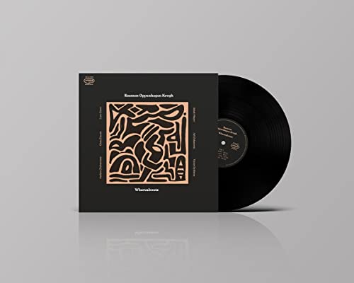 Black vinyl record with abstract orange design on black album cover.