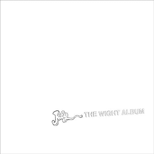 The image depicts a white square with the text "THE WIGHT ALBUM" and an abstract design. * The text is positioned at the bottom right of the image. * The text "THE WIGHT ALBUM" is written in a thin, outlined font. * To the left of the text, there is a stylized, handwritten signature or logo that appears to be the artist's name. * The background of the image is solid white. Alt text: White square with "THE W