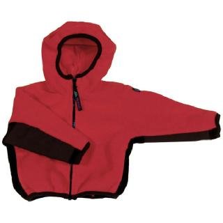 Red hooded fleece jacket with dark trim and a visible zipper.