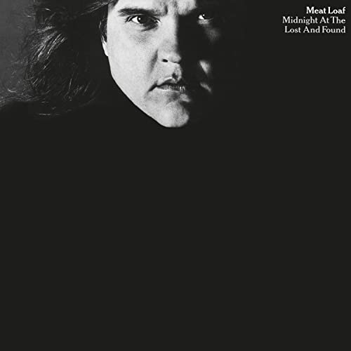 Black and white portrait of Meat Loaf, album cover for “Midnight At The Lost and Found.”