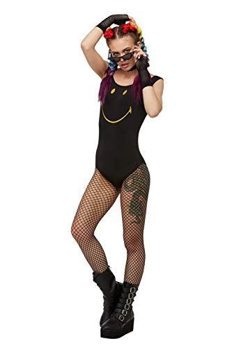 Smiffys 52324L Officially Licensed Smiley Bodysuit, Women, Black, L - UK Size 16-18