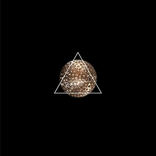 Perforated sphere within a white triangle on a black background.