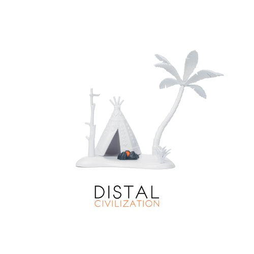 "Album cover with teepee, palm tree, and CD, titled 'Distal - Civilization'."