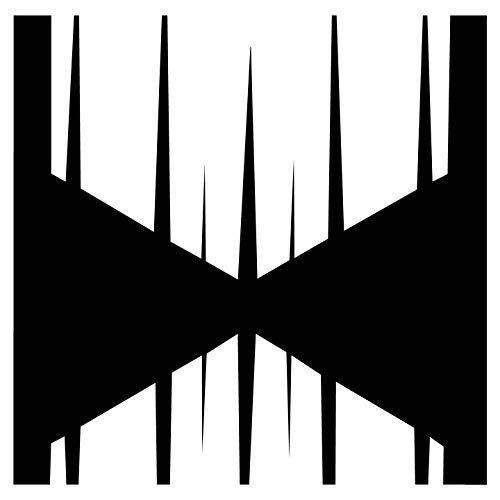The image is a black and white abstract design. alt text: Black abstract symmetrical pattern on a white background.