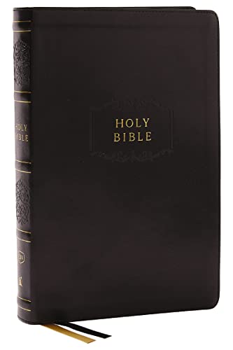 Black leather Holy Bible with gold lettering and two ribbon bookmarks.
