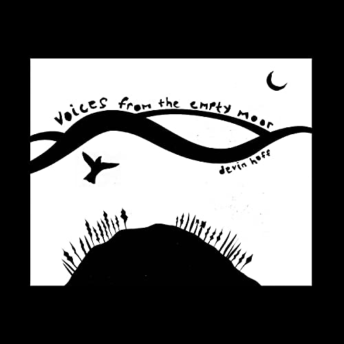 Black and white album cover with a bird, hills, and crescent moon.