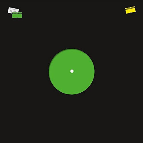 A green vinyl record on a black background with small icons in the corners.