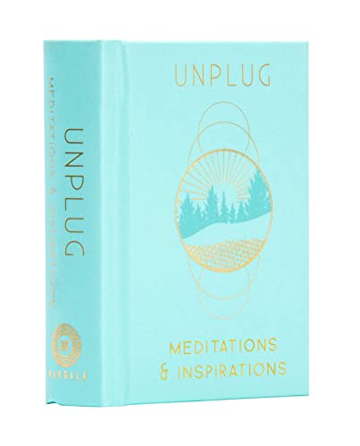 Light blue mini book titled Unplug with gold text and a circular landscape illustration.