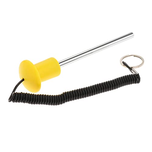 Yellow and silver pin with black coiled lanyard and keyring.