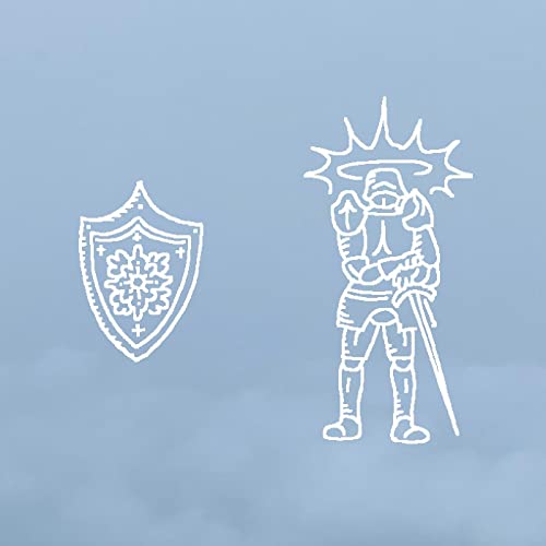 White line art of a knight with shield on a blue background.