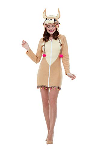 "Woman wearing a brown llama onesie costume with a hat and pink pom-poms."