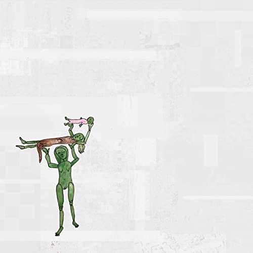 Green, abstract figures carrying a child on a textured white background.