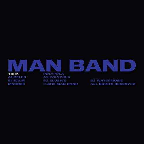 Black album cover with white text listing track names and “MAN BAND”.