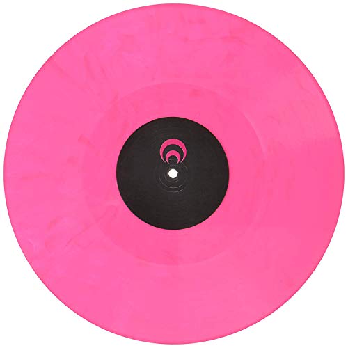 A pink vinyl record with a black center and white background.