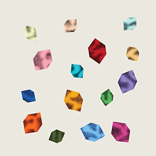 Album cover with abstract, colorful gem-like shapes on a cream background.