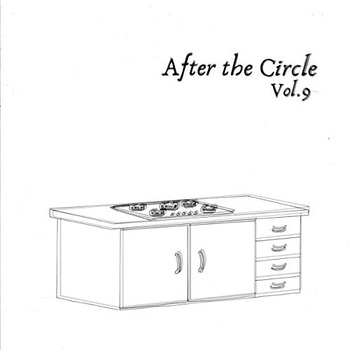 Black and white line drawing of a kitchen island with stovetop.