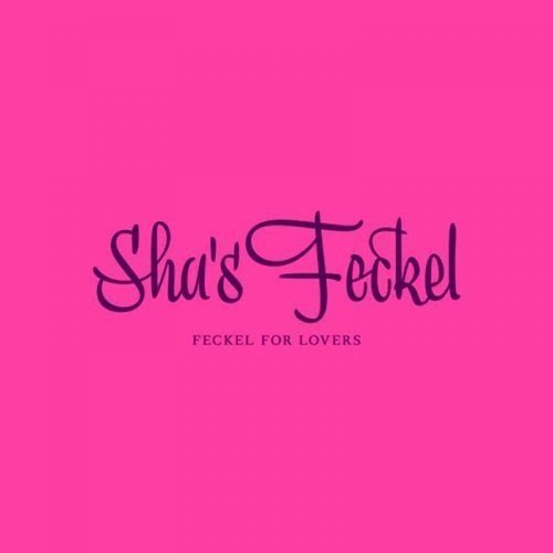 The image shows a pink background with "Sha's Feckel" written in purple cursive font.