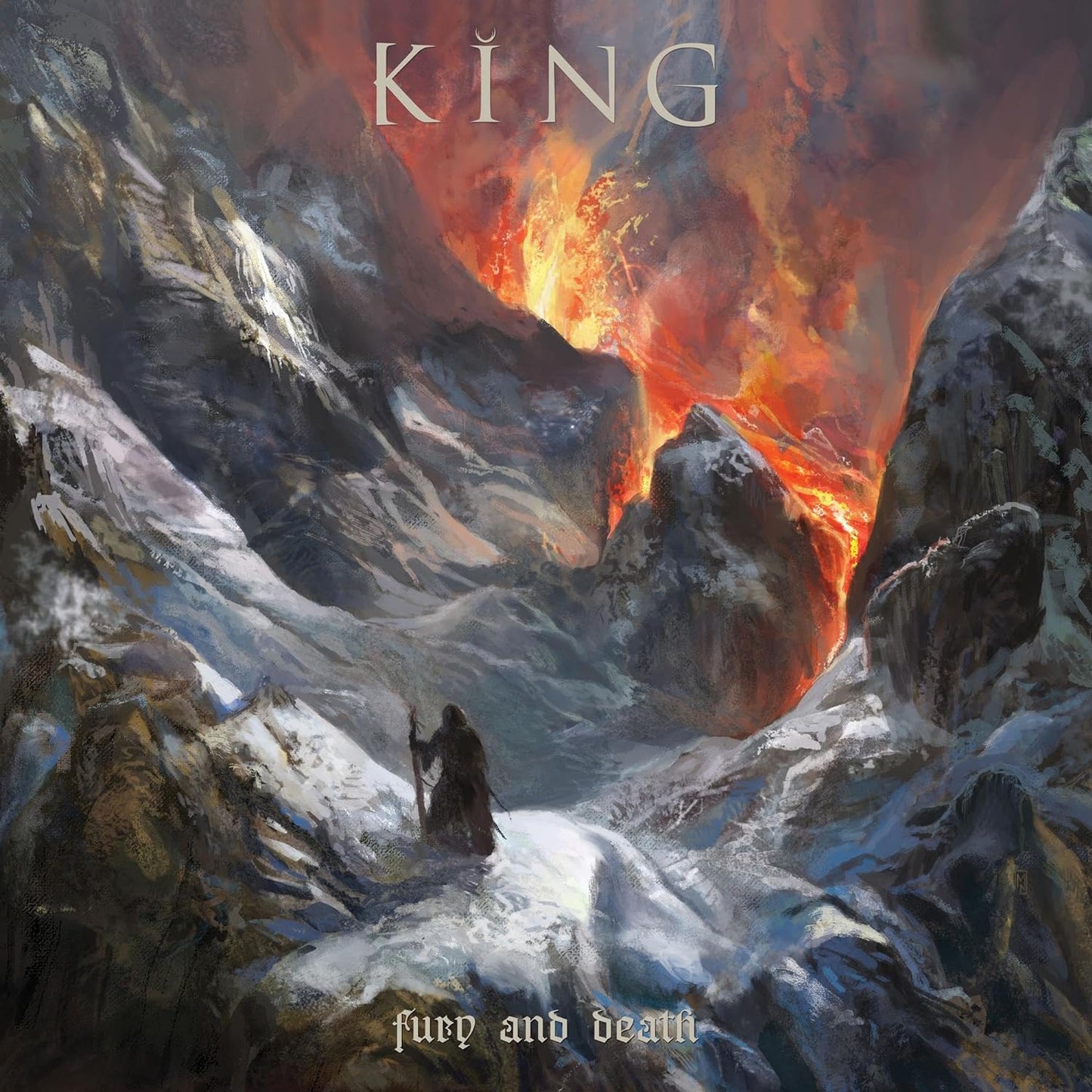 CD cover: snowy mountains, fiery volcano, and bold text “KING” and “fury and death”.