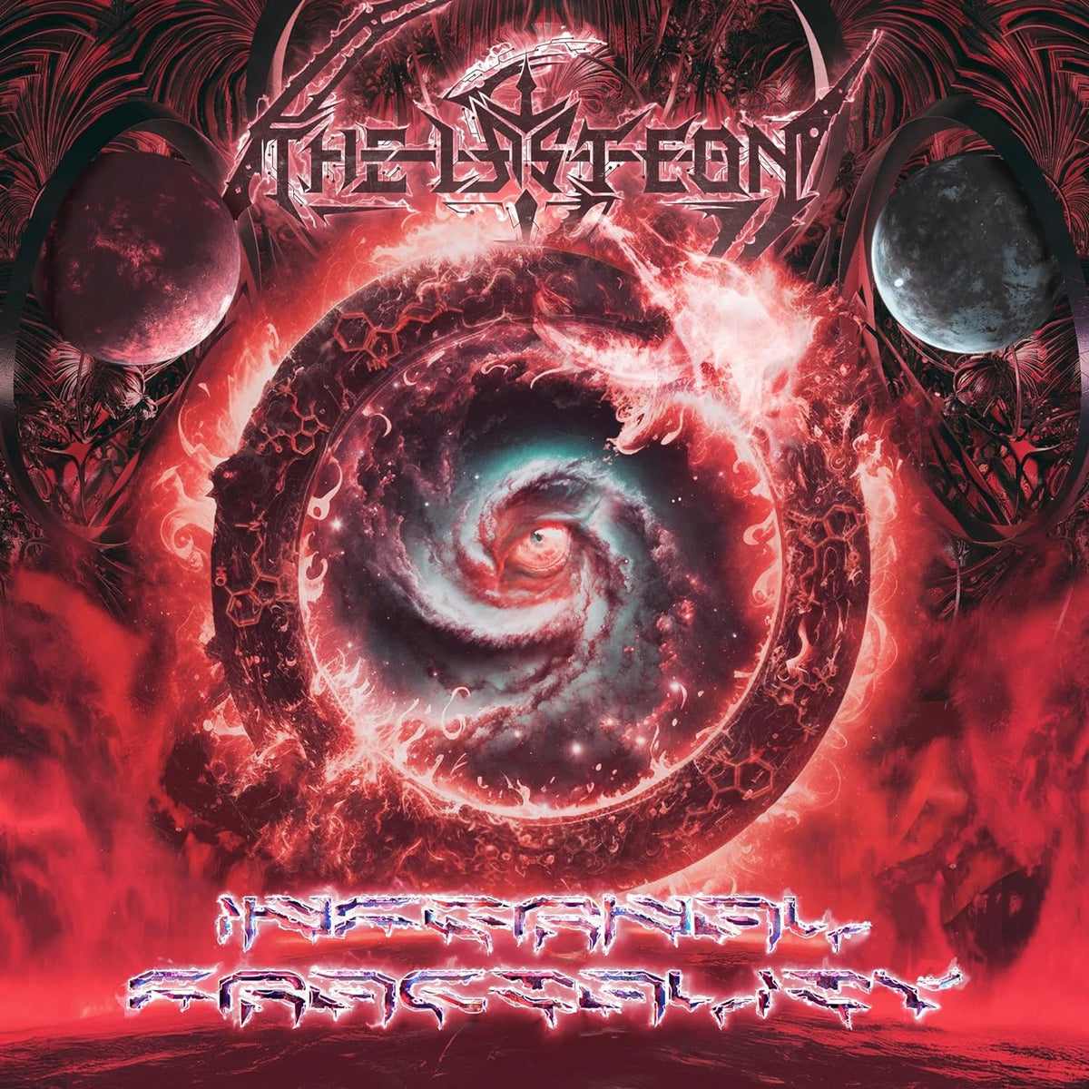CD cover art: swirling red and black galaxy with stylized band logo.