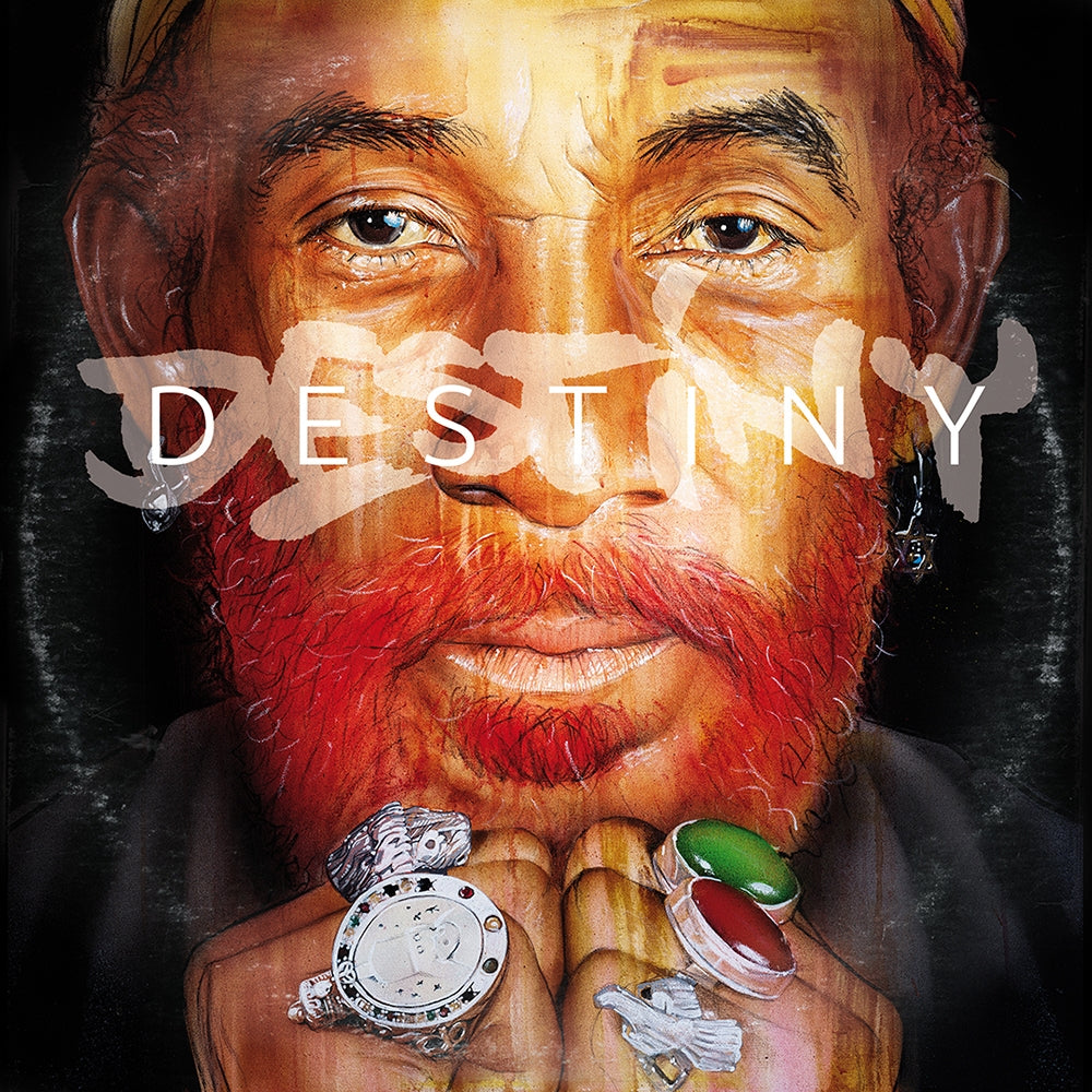 Painted portrait of Lee Scratch Perry with red beard and large rings.