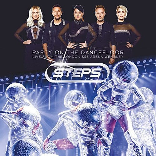 "CD cover featuring the band Steps and dancers on stage with disco balls."